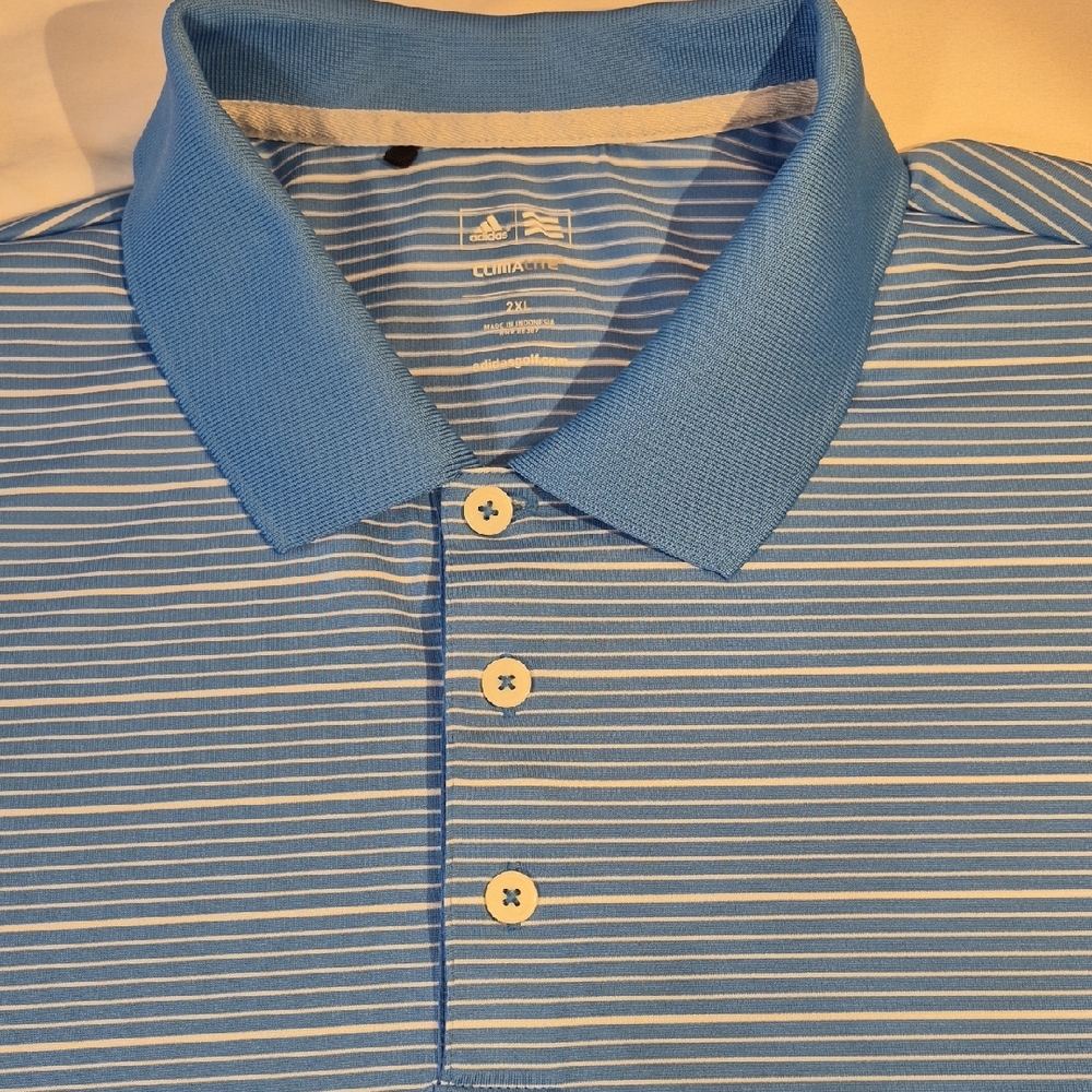 Adidas 2XL Golf Blue and White Striped Polo Short Sleeve Shirt RN #88387